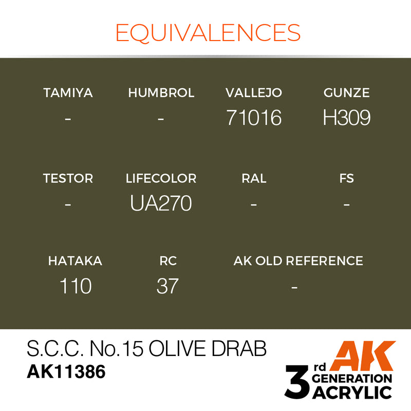 AK Interactive AK11386 3rd Gen Acrylic S.C.C. No.15 Olive Drab - AFV