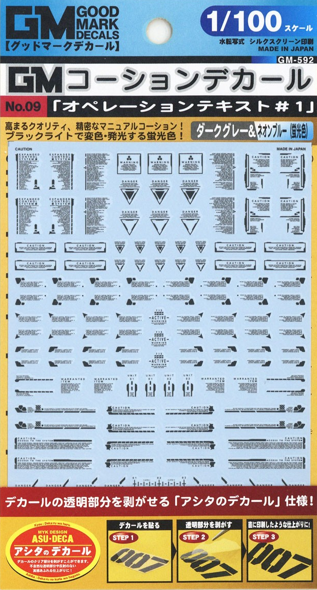 Good Mark Decals - 1/100 GM Caution Decal No.09 Operation Text #1 Dark Gray & Neon Blue (GM592)