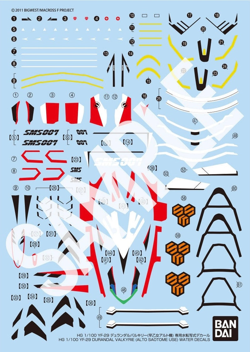 Waterslide Decals for High Grade (HG) Macross Frontier 1/100 YF-29 Durandal Valkyrie (Saotome Alto Ver)