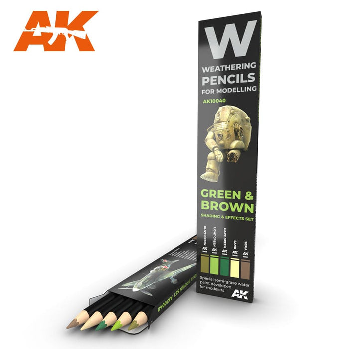 AK Interactive AK10040 Watercolor Pencil Set Green and Brown Shading and Effects Set