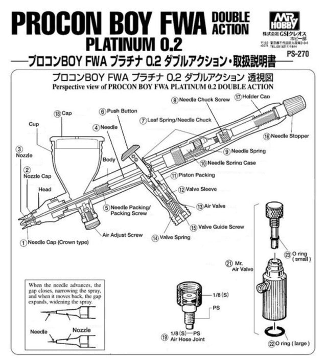 Mr.Procon Boy Airbrush Parts - WA Double Action Platinum 0.2mm (PS270)